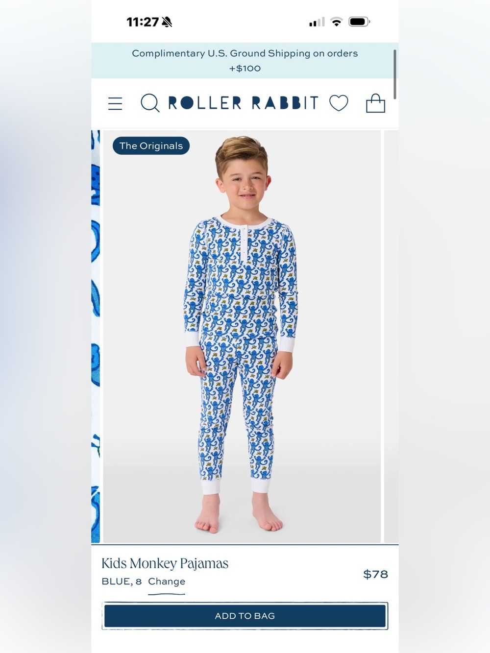 Roller Rabbit Kids Monkey Pajamas, Blue. Size 8.